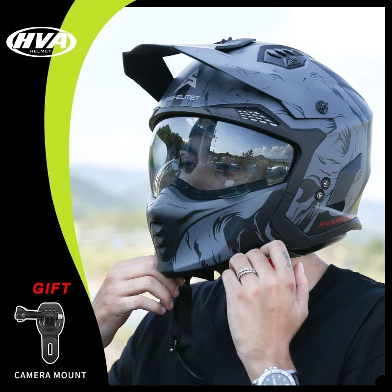 

HVA Motorcycle Helmet Vintage Casque Moto Black Warrior Combination Helmet Full Half Helmet Cruising Cascos Motorcross Capacetes