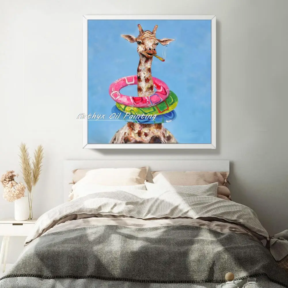 Arthyx-Handpainted Modern Abstract Giraffe Lifeguard Animal Oil Painting On Canvas,Pop Art,Wall Picture For Kids Room,Home Decor