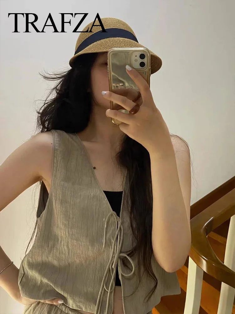TRAFZA 2024 Summer Women Skirts Set Sleeveless V-Neck Lace Up Slim Vest+ Pleated Casual Loose Long Skirt Elegant Beach Holiday