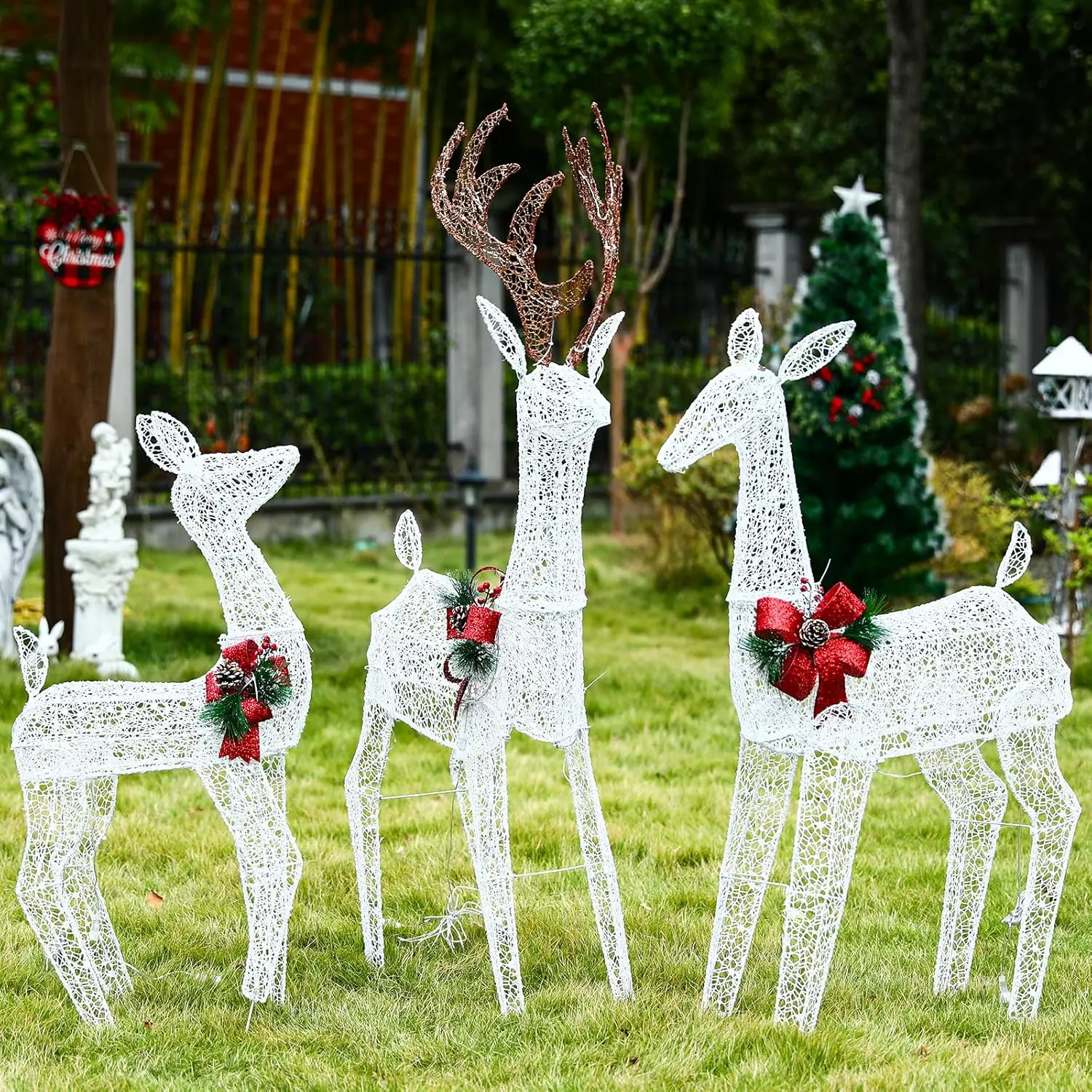 3-PCS Christmas Lighted Reindeer for Outdoor Yard Christmas Glowing Decoration with 230 LED Lights, Battery Box