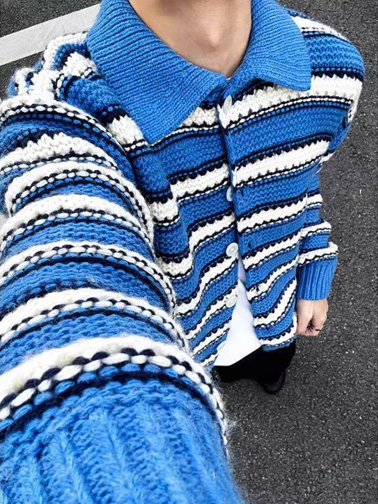 

Мужской кардиган в американском ретро-стиле, вязаный, в полоску, свободного кроя, с воротником, повседневный, для прогулок и ежедневных поездок на работу