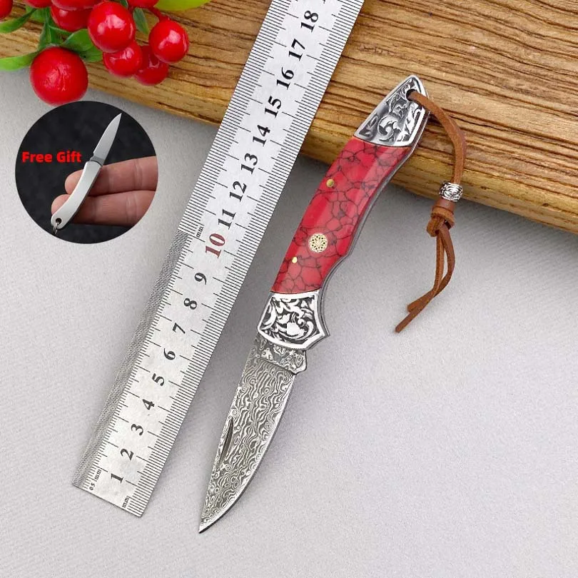 

Складные ножи из дамасской стали, ножи для кемпинга на открытом воздухе, нож EDC, ножи ручной работы, медная головка, резная ручка из красного соснового камня