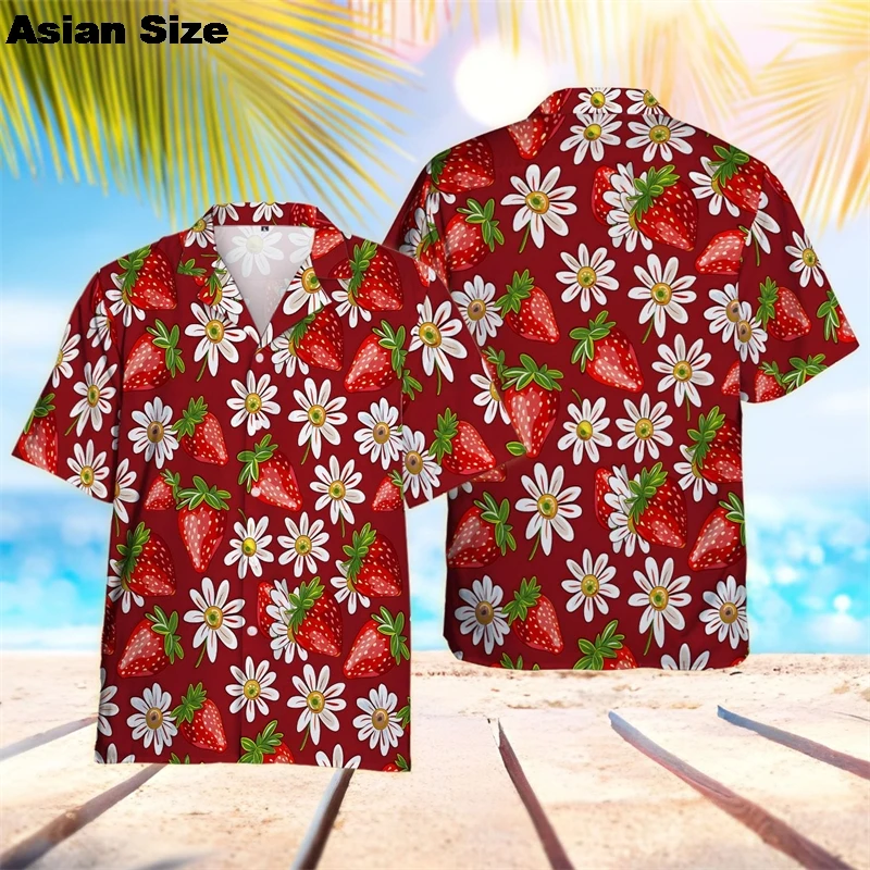 2025 Summer Beach Women Shirt Harajuku Kawaii Girl Fruit Blouse Cute Strawberry Printed Short Sleeve Blusa Female Hawaii Boy Top