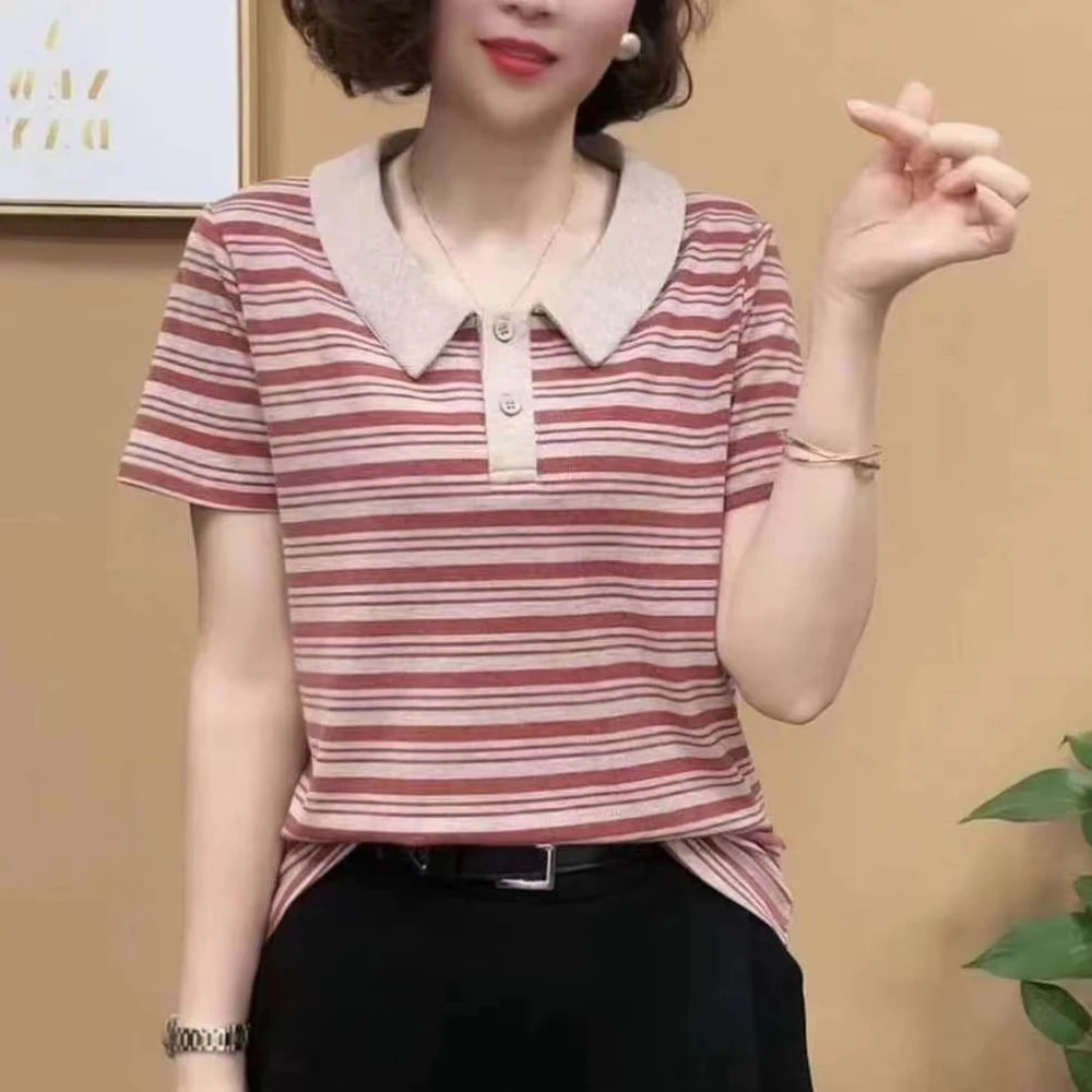 

European Station Striped Polo Neck Short Sleeve T-shirt Women's Summer New Fashion Light Luxury Pure Cotton Loose Casual Top