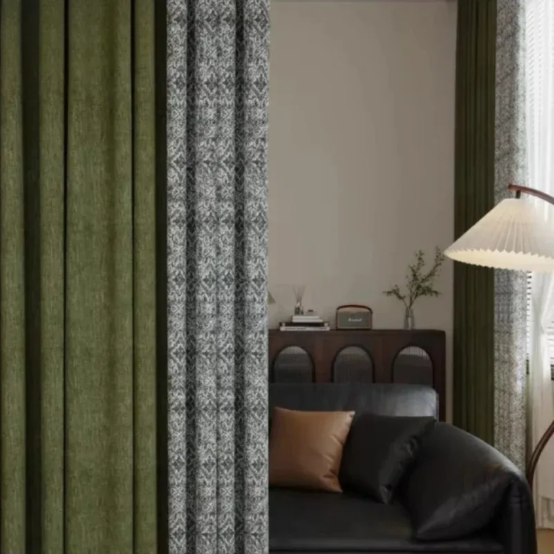 French Retro Dark Green Thickened Jacquard Chenille Patched Curtains for Living Room Bedroom French Window Balcony Customized