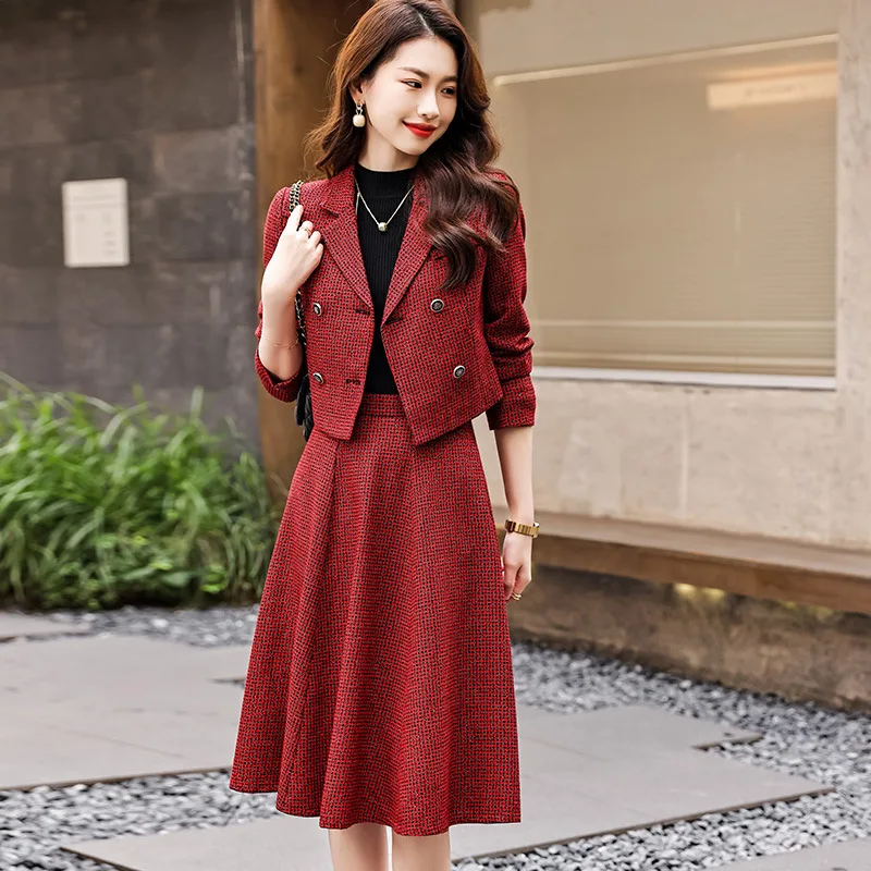 

Houndstooth Red Suit Jacket for Women Spring and Autumn 2023 New Graceful and Fashionable Short Small Suit Skirt Suit