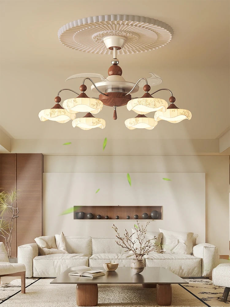 Medieval retro living room fan light 2025 new Song Dynasty aesthetics advanced sense fabric hall electric fan chandelier