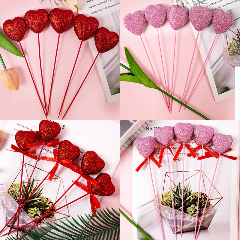 Valentine\'s Day Pink Red Glitter Foam Heart Picks Stick Valentine\'s Day Cake Decor Birthday Party Cake Toppers Wedding Supplies