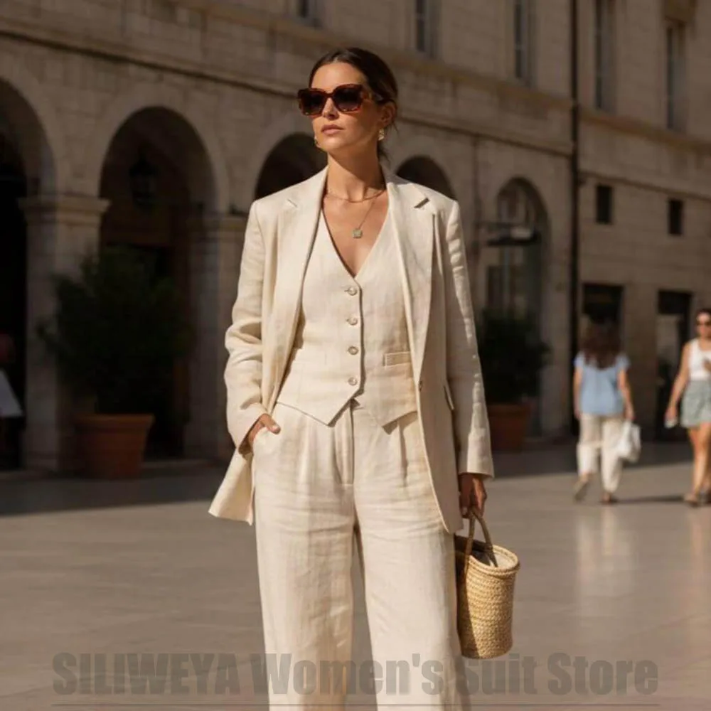 

Women's Beige Linen Suit 3 Piece Single Button Notch Lapel Blazer with Vest and Pants Daily Casual Business Office Outfit