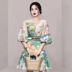 2022 New Fashion Runway Summer Women Lantern Sleeve V Neck Floral Print Boho Holiday Beach Ladies Mini Dress Vestido With Belt