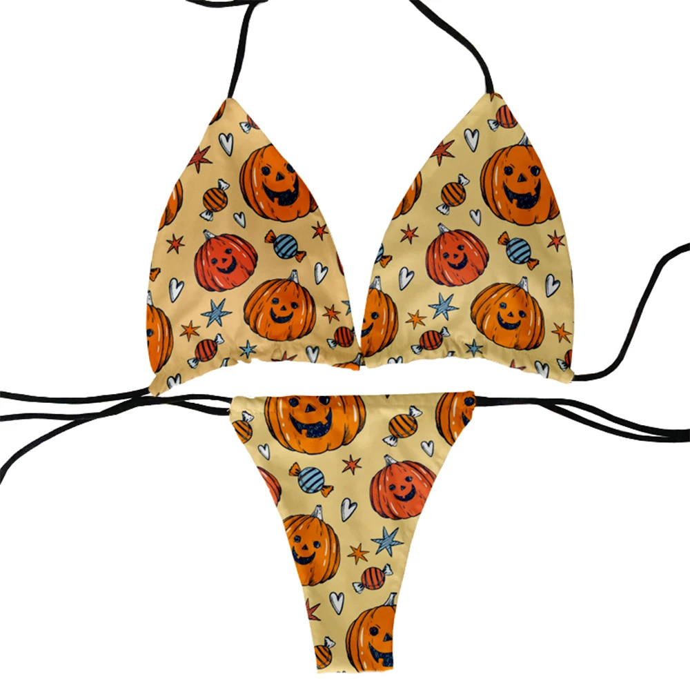 Skull Print Bikini Set with Chest Pad, Halloween, pumpkin Pattern, Sexy, Low-waist, Beach Swimsuit, 2-Piece Suit