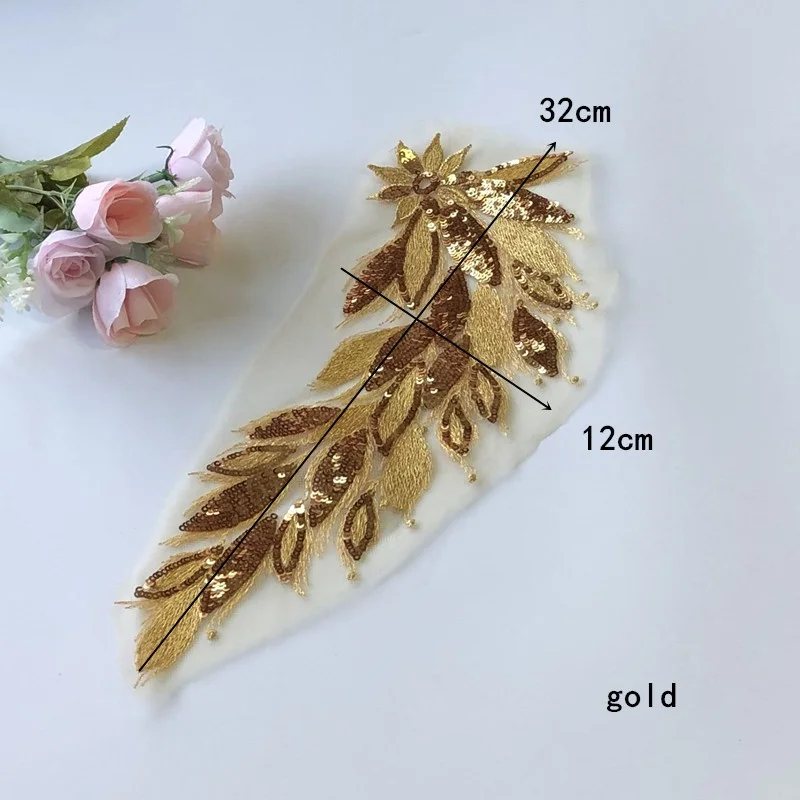 32*12CM/Flowers Leaves Sequin Apliques Embroidery Sew On Patches,Trimming Lace Patches For Women Dresses Wedding Decorations