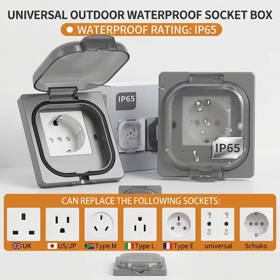 Outdoor Waterproof Socket Box IP65 Wall Electrical Outlet Cover Universal 86 Type for UK US EU Plug Multiple Standards Replace