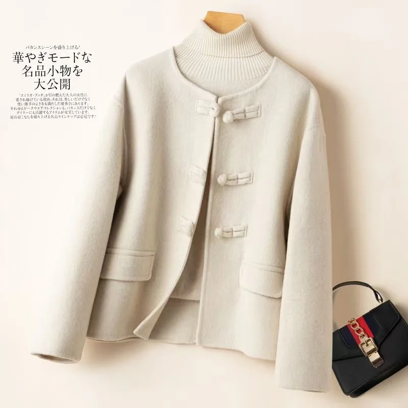 Autumn New Women's Double Faced Wool Tweed Coat 2026 Winter O-Neck Contrast Color Two Button Fashion Warm Overcoat