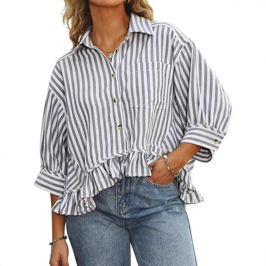 Casual zomer irt voor dames Button ort Sve geplooide zoom gestreepte top polyestervezel Bubble Sve normaal dun