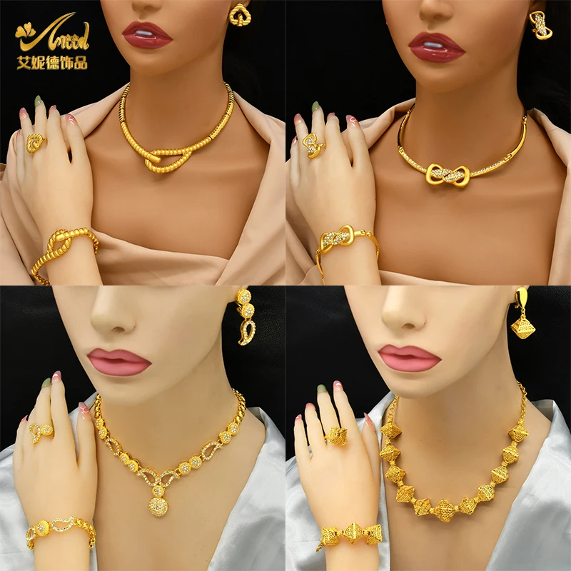 ANIID Dubai Luxury Nigerian Wedding Golden Jewelry Sets For Lady Bridal Necklace Sets Indian Party Jewellery Engagement Gifts