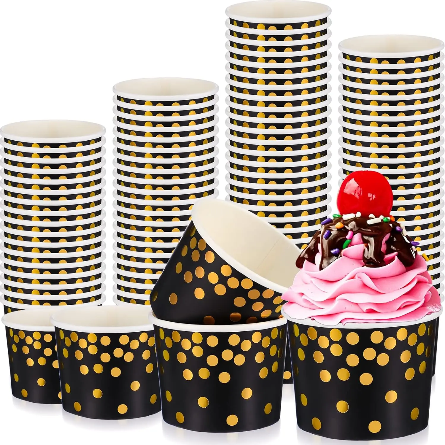 

100 Pcs Gold Polka Dots Ice Cream Cups 8 oz Treat Snack Paper Bowls Disposable Dessert Bowls for Hot or Cold Food Dispos