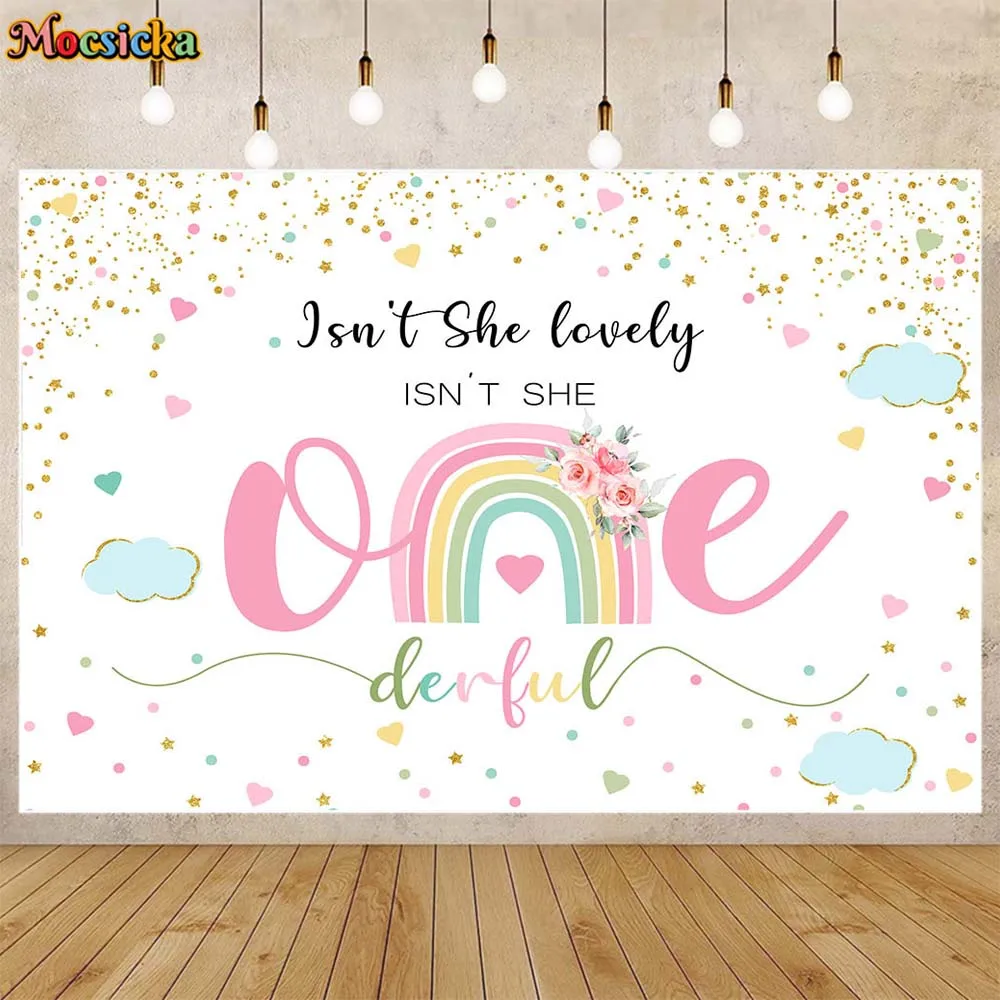 

Mocsicka Girl 1st Birthday Backdrop Pink Bohemian Rainbow Baby First Birthday Party Decor Isn't She Onederful Photo Background