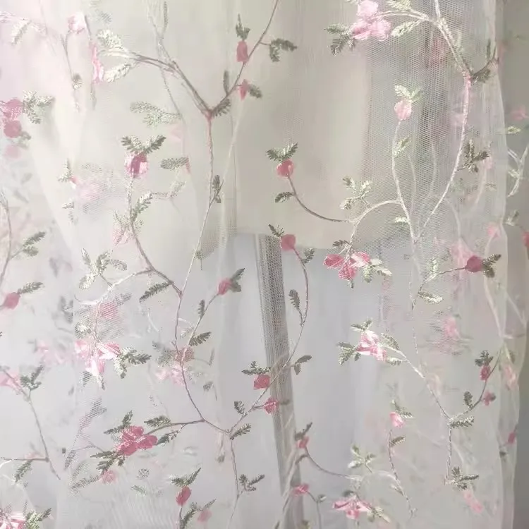 Transparent gauze pink flower lace fabric small floral powder green leaf curtain dress Cheongsam girl skirt material