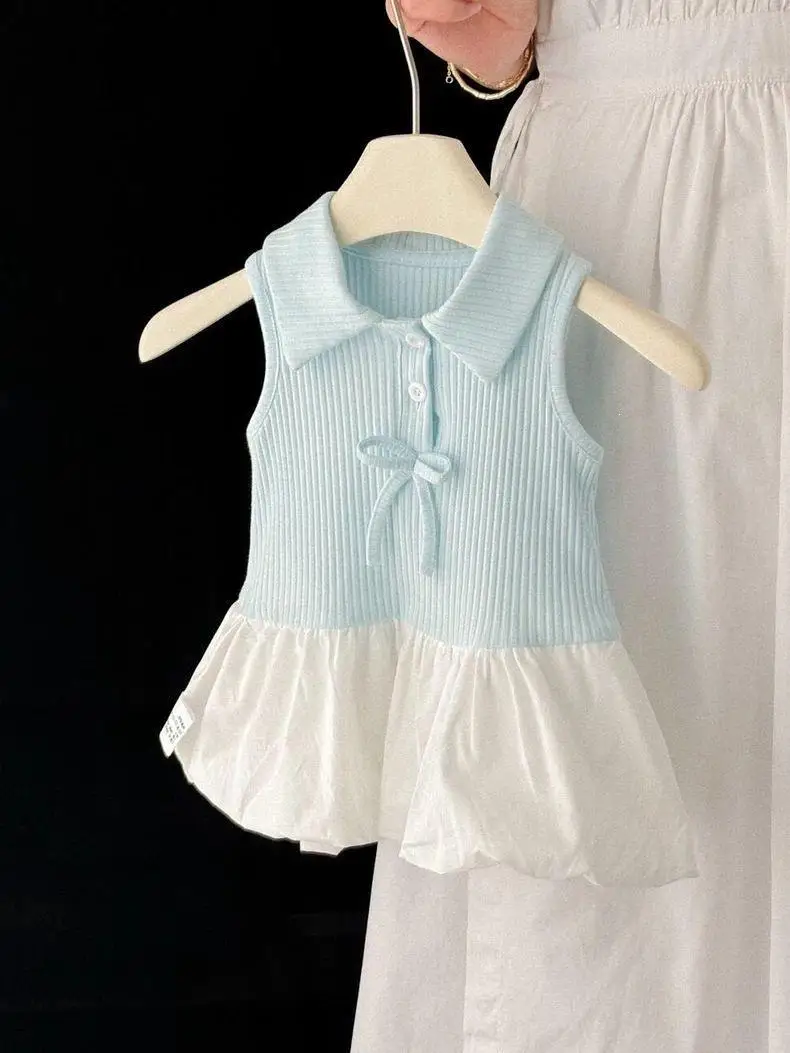 Vestido de Verão para Bebê Menina, Sem Mangas, com Gola Reversível, Conjunto Fashion Infantil para o Verão