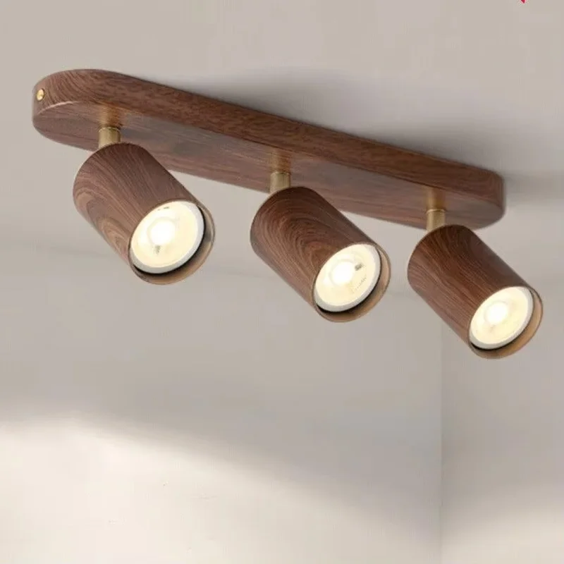 Retro Rotatable Wooden Spotlight Ceiling Light Lamps for Corridor Aisle Balcony Cloakroom  Led Wrought Iron 3-Head Track light