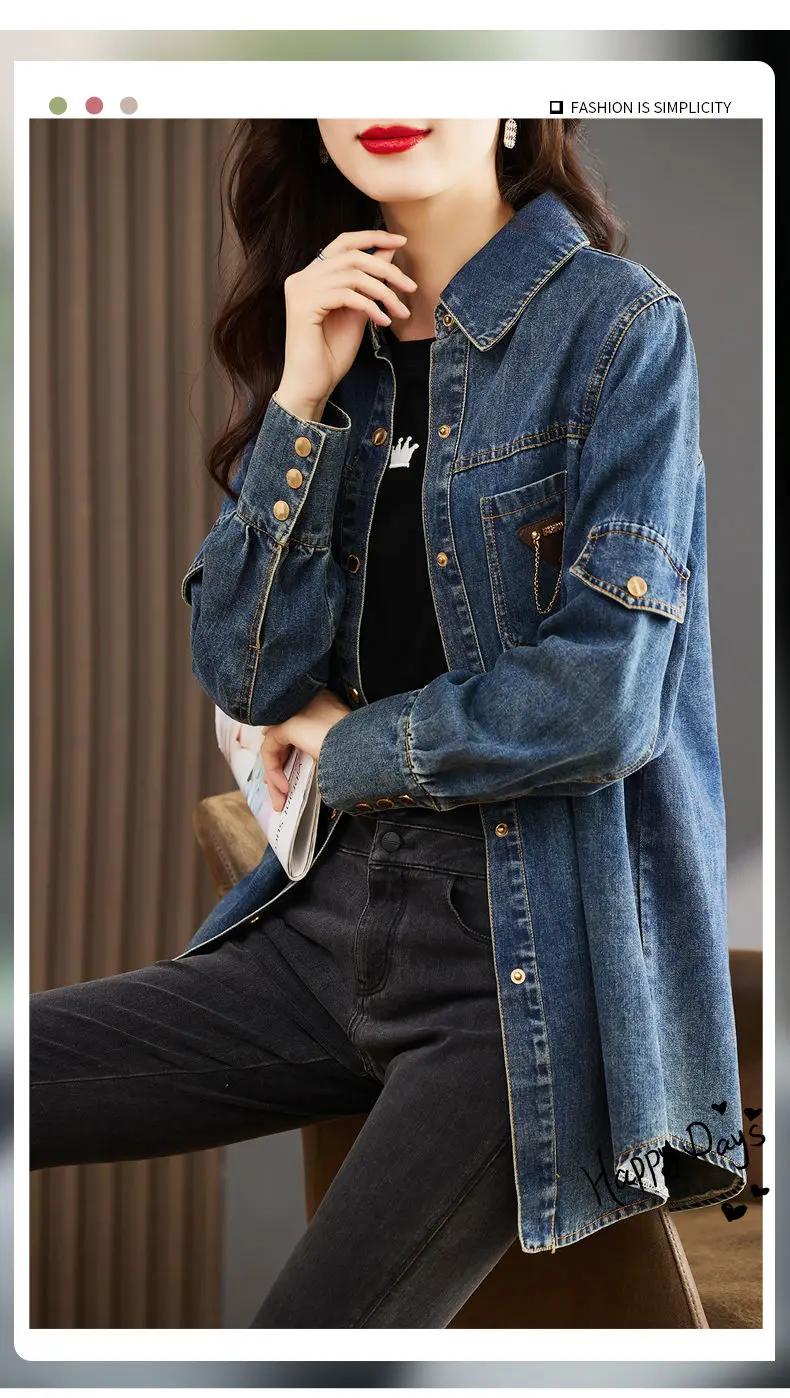 Design Dark Blue Denim Shirt Women Chic Single-Breasted Vintage Blouses 2024 Spring Tops Long Sleeve Casual Jean Blusas D269