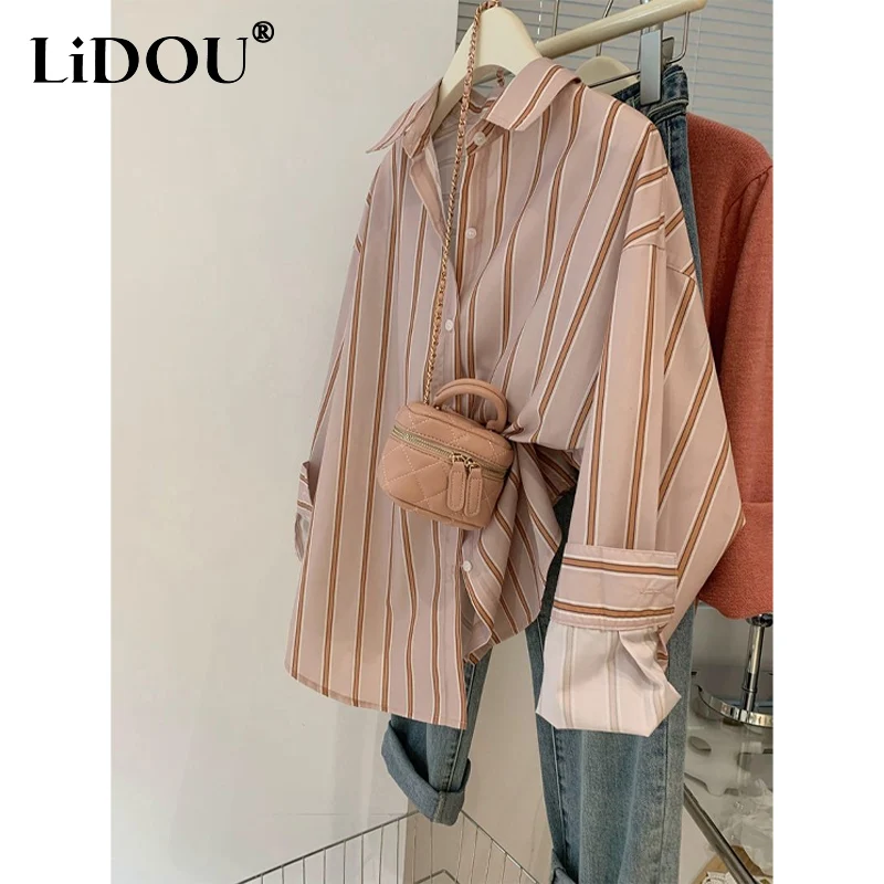 2023 Spring New POLO Collar Long Sleeve Shirt Women Vertical Stripe Single Breasted Cardigan Female Fashion Loose All-match Tops