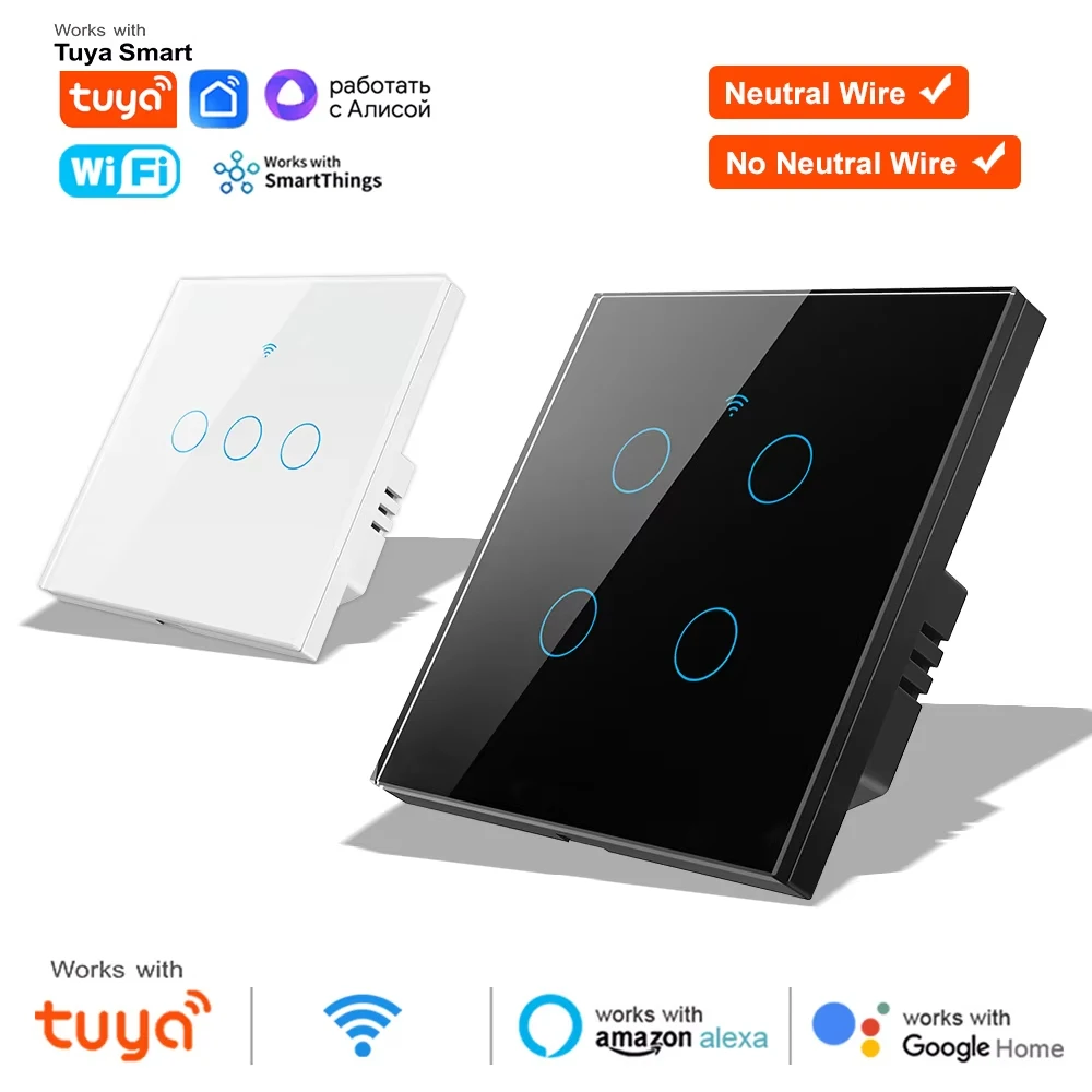 WiFi RF 433mhz Touch Wall Light Smart Switch 1 2 3 4 Gang Wireless Switch 220V with no Neutral EU Work Witch Tuya Alexa Google