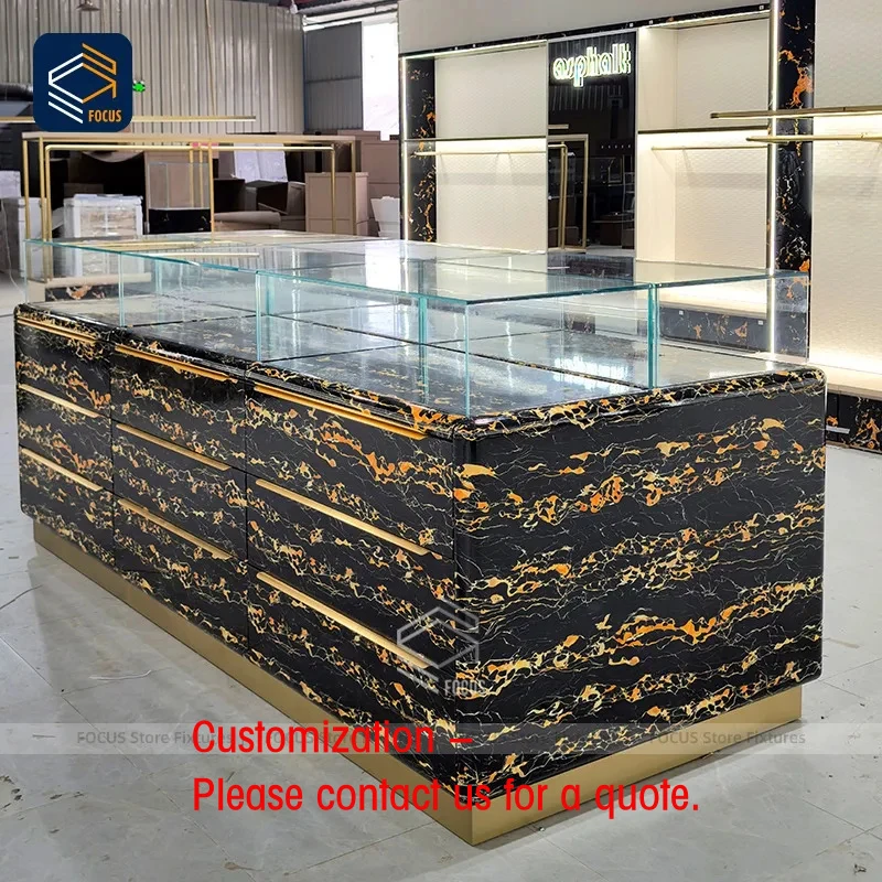 custom.Luxury Black Gold Pattern Retail Glass Showcase Cabinet Custom Shop Display Counter Full Display Fixture