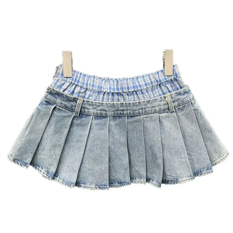 Retro Patchwork Contrasting Denim Pleated Skirt Short Skirt For Female Niche, Fake Two-Piece Skirt