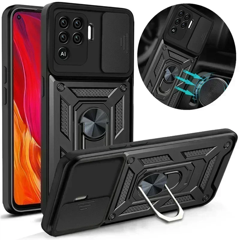 Armor Shockproof Case For OPPO A94 4G A93 F17 F19 Pro Magnetic Car Holder Ring Back Cover for Reno 4 5 Lite Camera Protect Shell