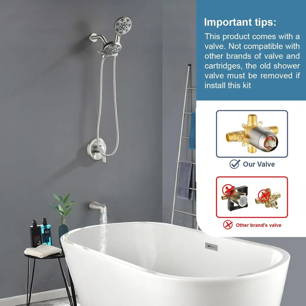 Dual Shower Head and Handheld Combo with Tub Spout, Brushed Nickel Shower System Kit