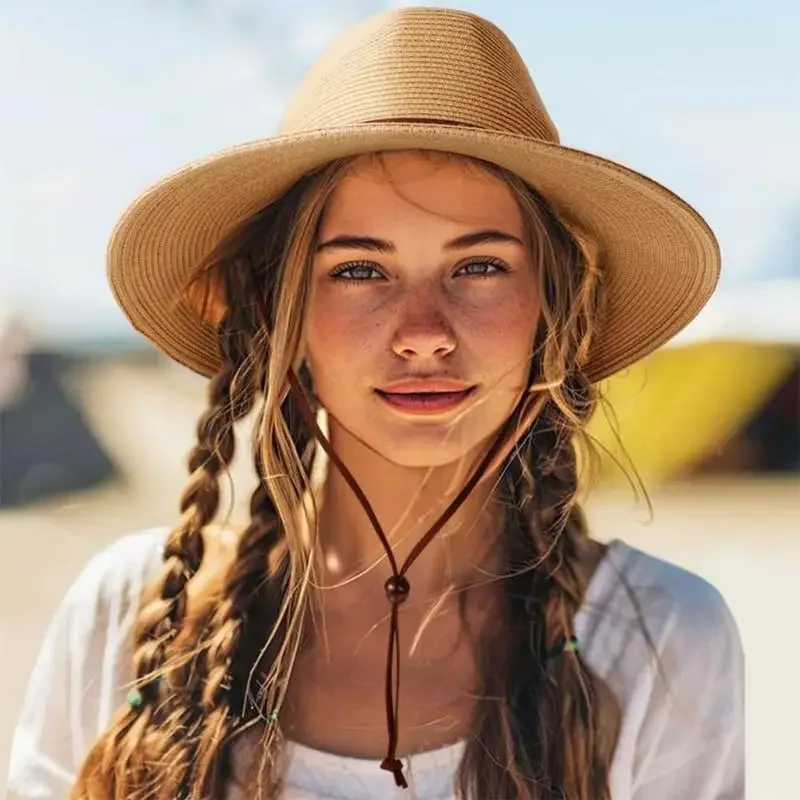 

652F Adjustable Chin Strap Sunproof Hat Wide Brims Panama Hat Woven Straw Sun Hat Perfect for Outdoor Activity Women Headwear