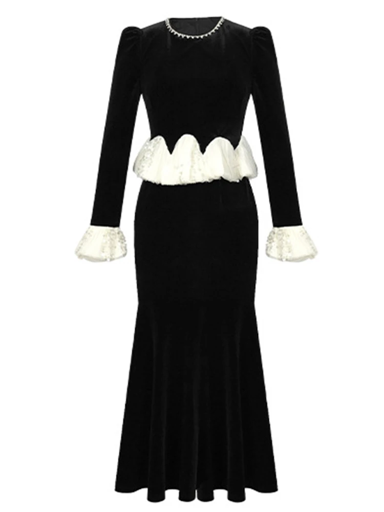 Women's Exquisite Elegant Fake 2 Piece Formal Evening Dress Lady Sweet Diamonds Sheer Mesh Sequin Fishtail Robe Party Vestidos