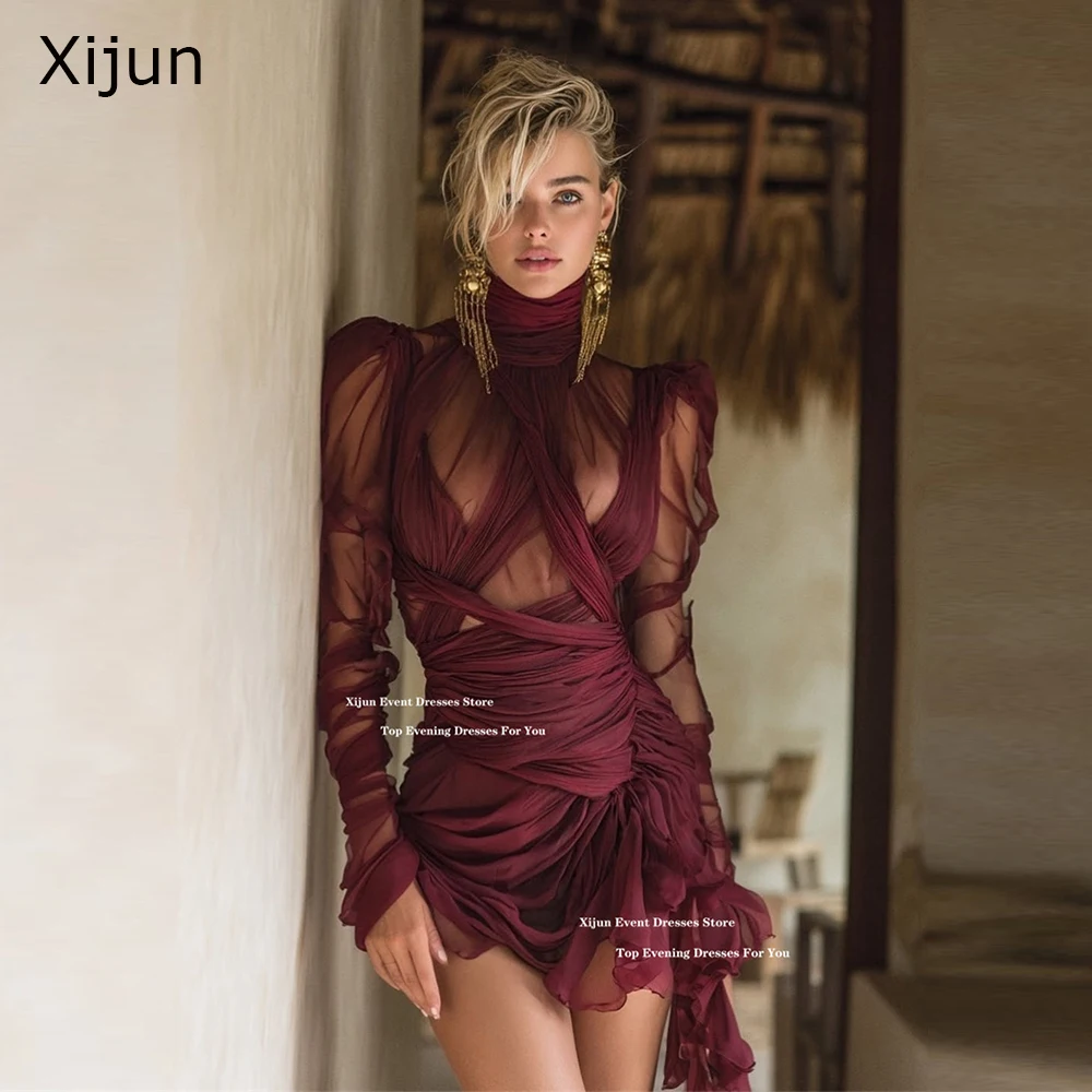 

Xijun Bohemian Burgundy Short Evening Dresses Chiffon Full Sleeves High Collar Cocktail Dresses Pleated Party Gowns Customized