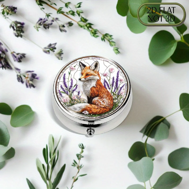 Single-piece flat, portable, round metal pill box, adorned with a lifelike fox pattern, featuring vibrant orange and white fur, surrounded by lavender, roses, and daisies. Suitable for storing medicines or health products, can organize vitamins and small accessories, makes a great gift, flat design