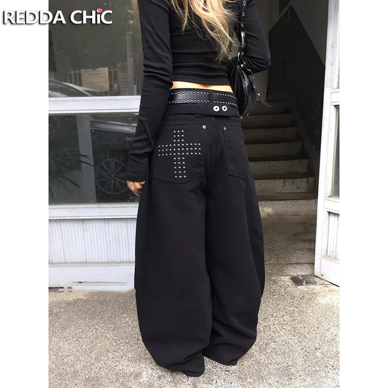 

Джинсы REDDACHiC с заклепками, черные, для женщин, в стиле панк, винтажные, свободные, с широкими штанинами, повседневные, с низкой талией, в стиле гранж, уличная мода