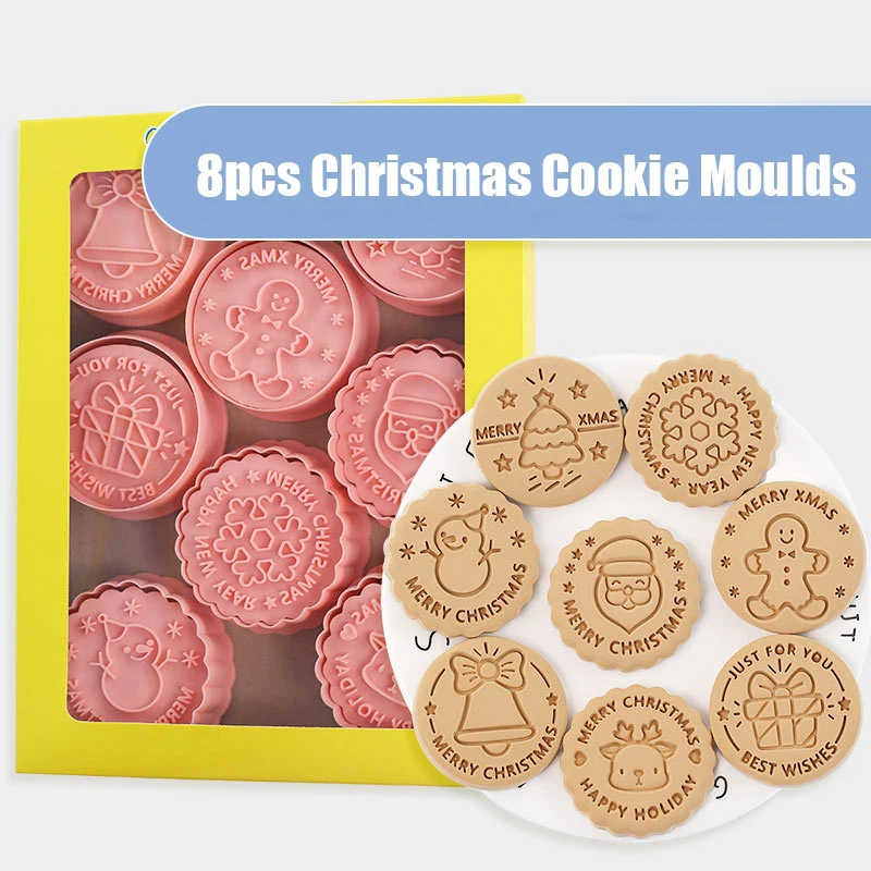 8Pcs/set Christmas Cookie Cutters Stamp Santa Snowflake Gingerbread Man Biscuit Embosser Mold New Year Party Decor Baking Tools