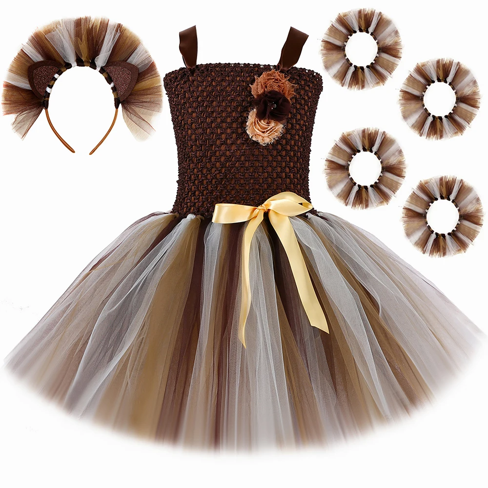 

Girls Lion King Costume Brown Lined 2 Layer Full Tulle Mane Lion Tutu Dress Halloween Carnival Jungle Party Animal Dress Up