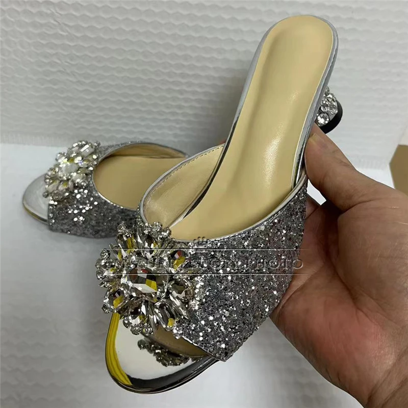 Bling Sequins Crystal Buckle Decor Sandals Women Unique Rhinestone Diamond Spike Heel Slingbacks Summer Shoes