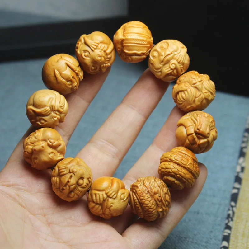 

Live Streaming.Bamboo Carved Zodiac Buddha Bead Bracelet20mm Wooden Bracelet Beaded Bracelet for Men and Women Natural Material