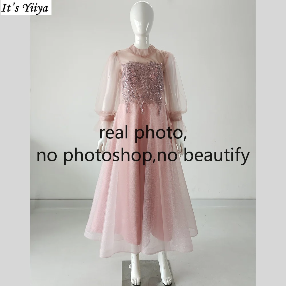 

It's Yiiya Real Photo Evening Dress Pink Bling Appliques Beads O-neck 3/4 Sleeves Zipper Back A-line Women Plus size Party Gowns