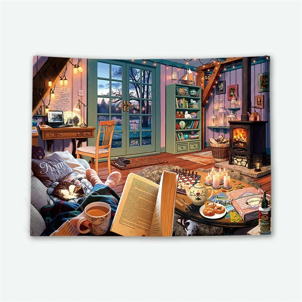 Europe Retro Healing Style Print Window Outside Landscape Tapestry Study Room Bookshelf Background Daily Life Bedside Decor