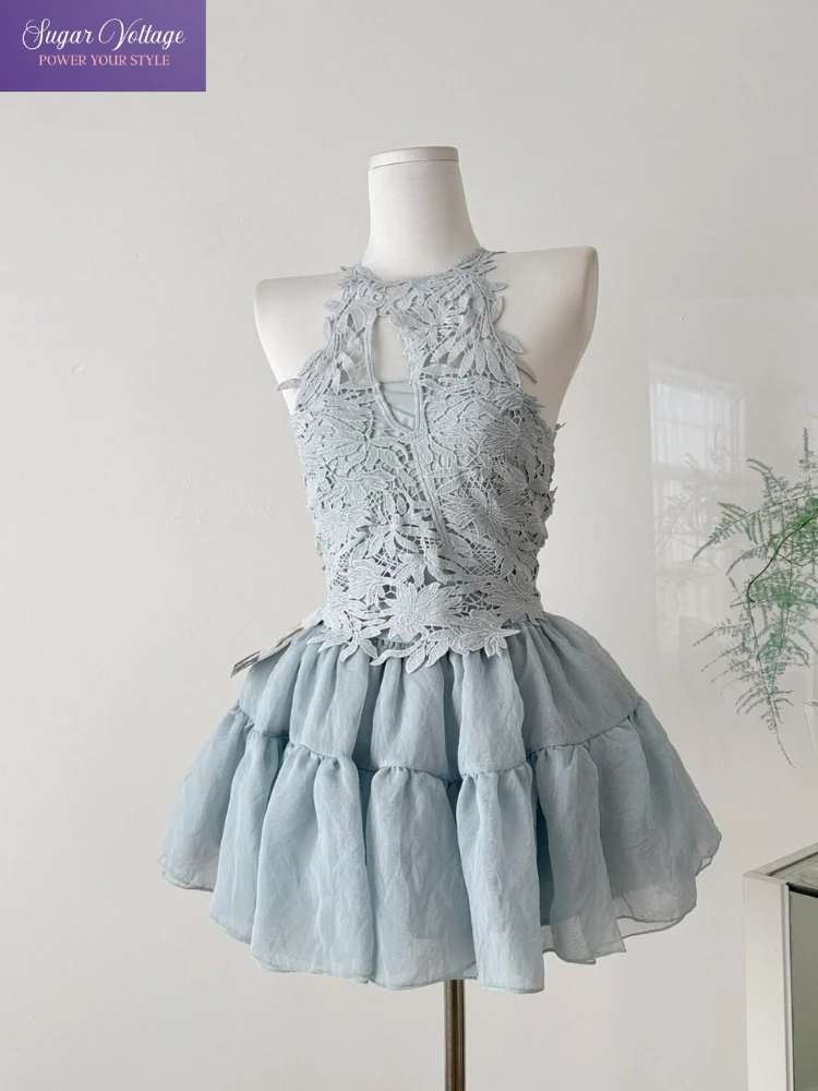 

French Luxury Elegant 2 Piece Set for Women Lace Halter Neck Top + High Waist Puffy Skirt Slim Fit Sweet Sexy Chic Party Outfit