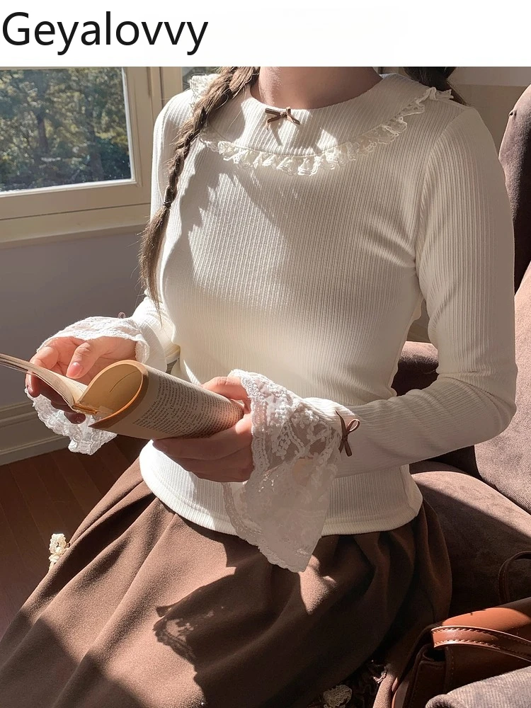 

Sweet Girl Versatile Inner Layer Base Shirt Autumn Winter New Design Doll Collar Tops Lace Trim Slim Fit Long Sleeve T-Shirt