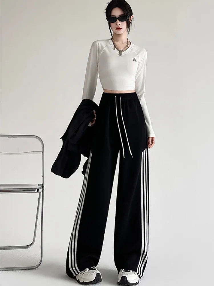 American Sle High Waist Dstring Trousers Women's Autumn Sport Wide Leg Pants Slimming Casual Sweatpants Straight Leg