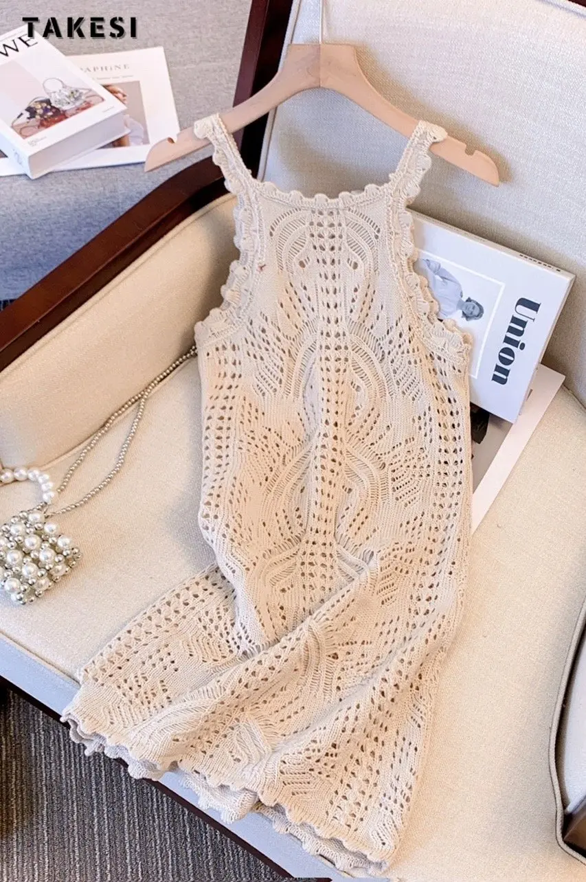 Women Sexy Backless Round Neck Solid Color Suspender Dresses 2023 Summer High Waist Knitting Hotsweet Party Hollow Out Dress