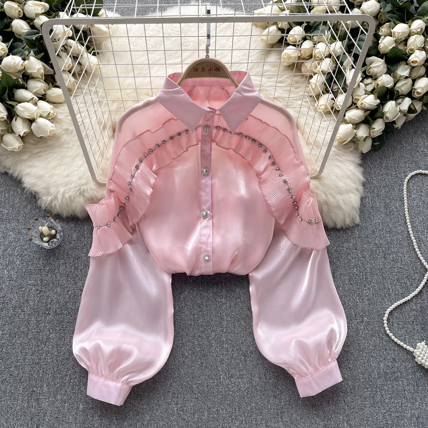 

Women Puff Long Sleeve Ruffle Pleated Blouse Slim Elegant French Fashion Top Sexy Spring Autumn Women Shirt