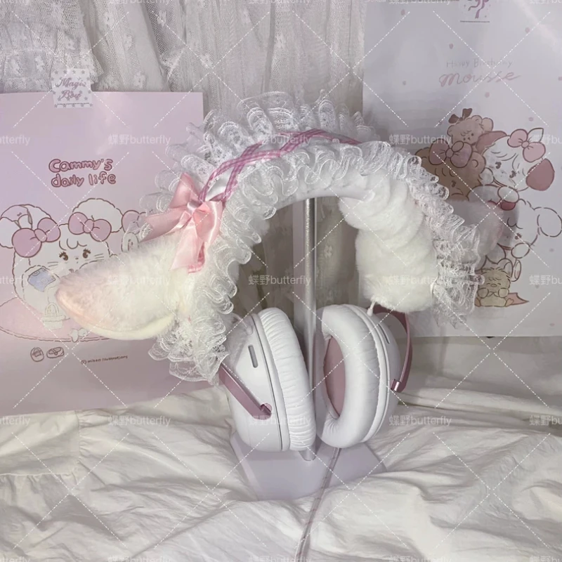 Pink White Devil Meow Head Mounted Headphone Case Customization Cute Headphone Storage Rack Desktop Display Stand Accessories view 3