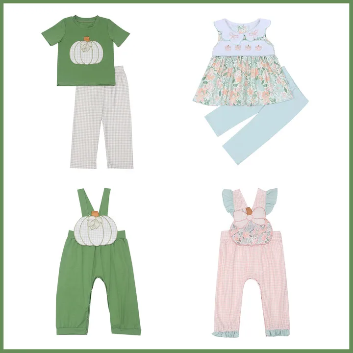 

Ropa Baby Long Sleeve Set Round Neck Cute Pumpkin Pattern Boy Green Top Clothes And Lattice Pants With Girls Sister Romper